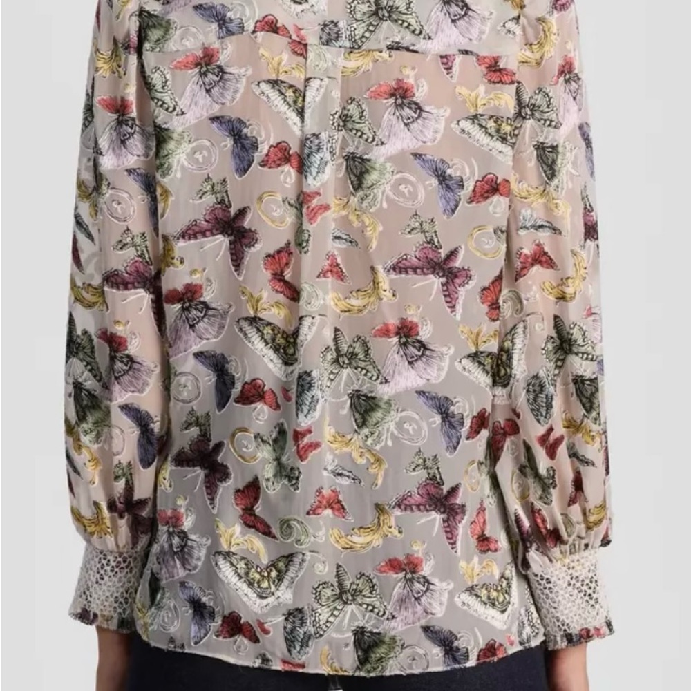 NWOT Women's Alice & Olivia Silk Butterfly Print Blouse Sheer Work Size Large - Picture 3 of 9
